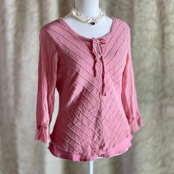 Vintage Y2K‎ AKS Silk Blouse Pink 3/4 Bell Sleeve Tie Front Size 10 (Runs Small) - Picture 1 of 8